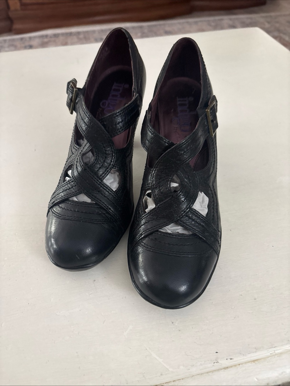 Y2K Women's Indigo Black Strappy Leather Heels - Comfortable Classic 7.5 M